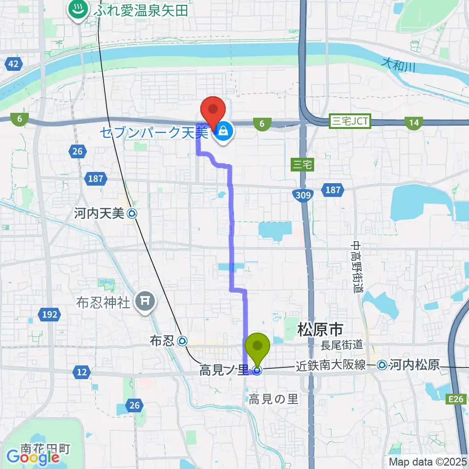 高見ノ里駅から島村楽器 セブンパーク天美店へのルートマップ地図