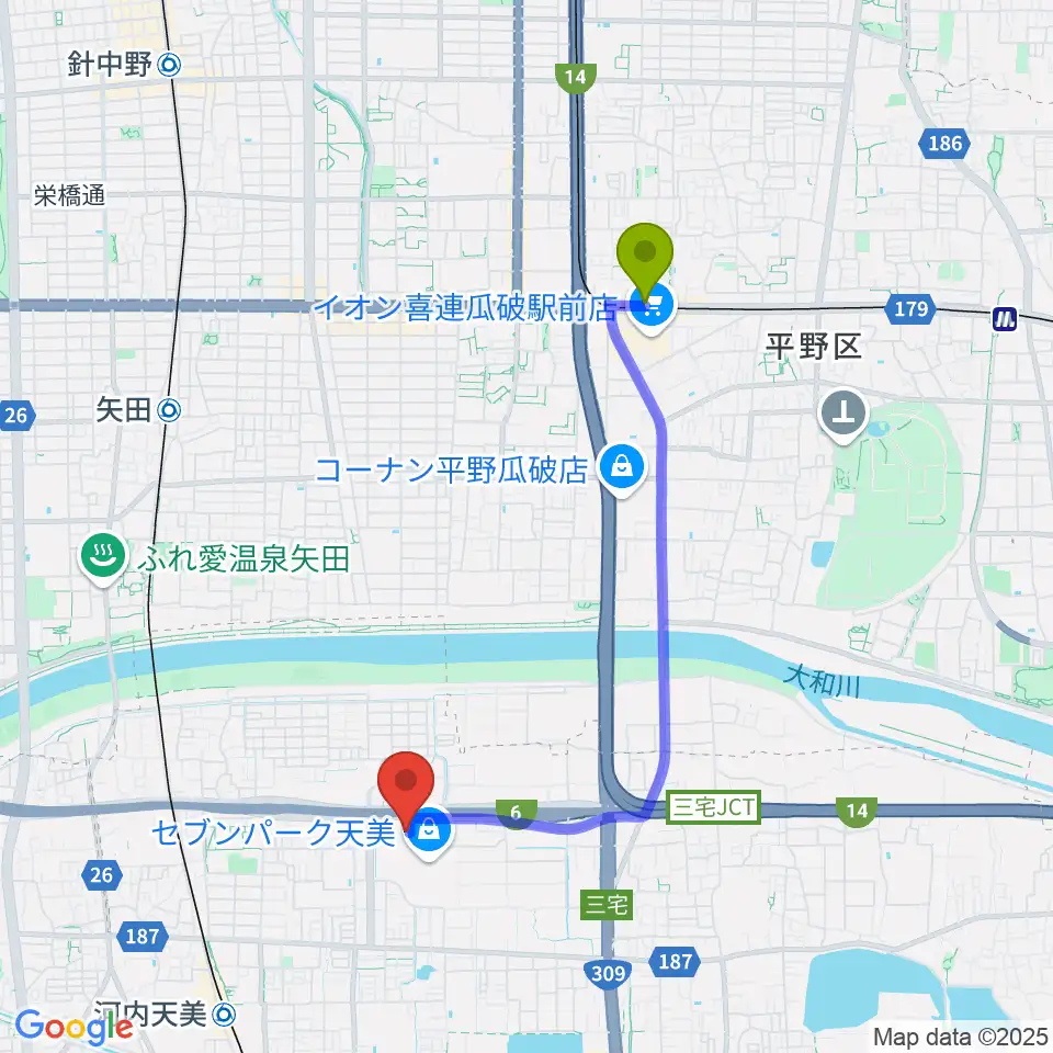 喜連瓜破駅から島村楽器 セブンパーク天美店へのルートマップ地図