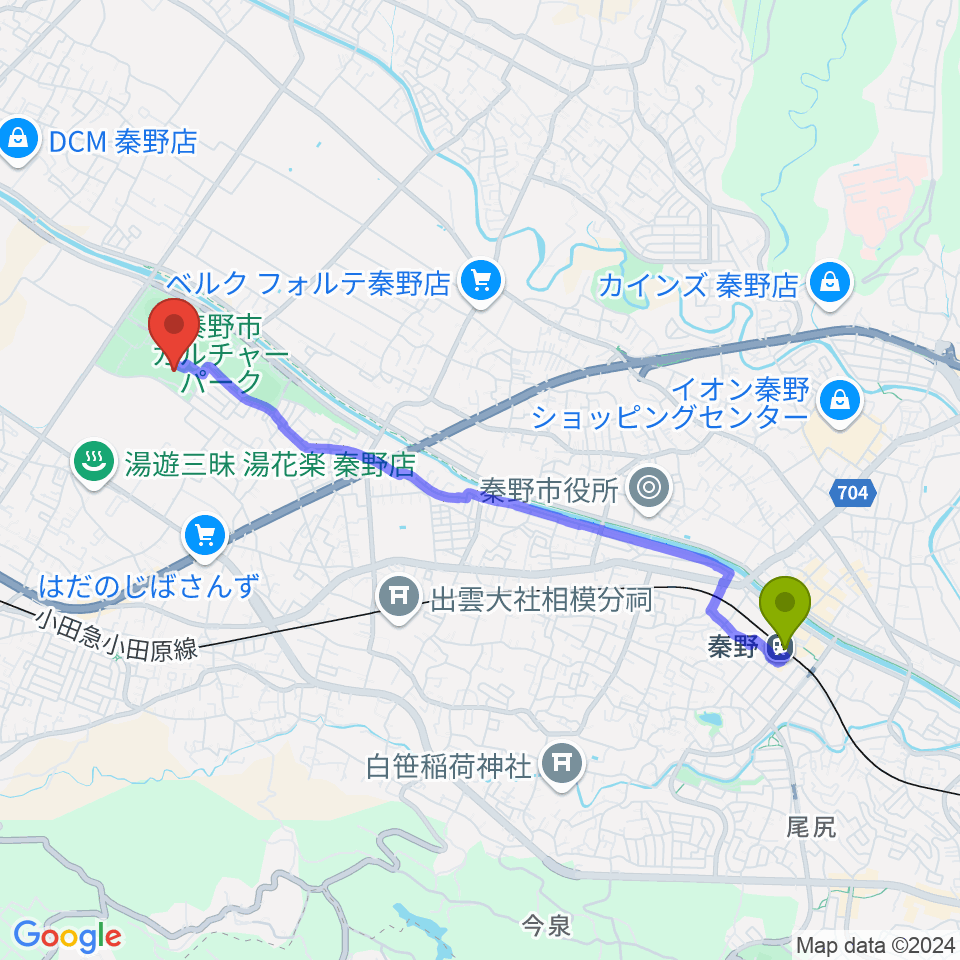 秦野駅からメタックス体育館はだのへのルートマップ地図