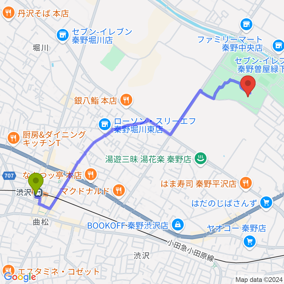 メタックス体育館はだのの最寄駅渋沢駅からの徒歩ルート（約26分）地図