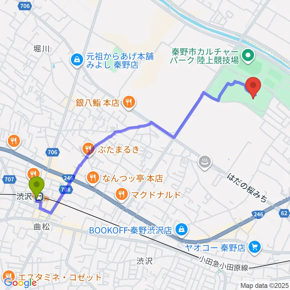メタックス体育館はだのの最寄駅渋沢駅からの徒歩ルート（約26分）地図