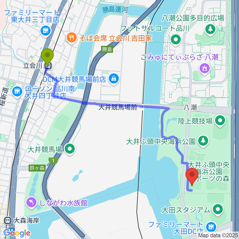 立会川駅から大井ふ頭中央海浜公園野球場へのルートマップ地図