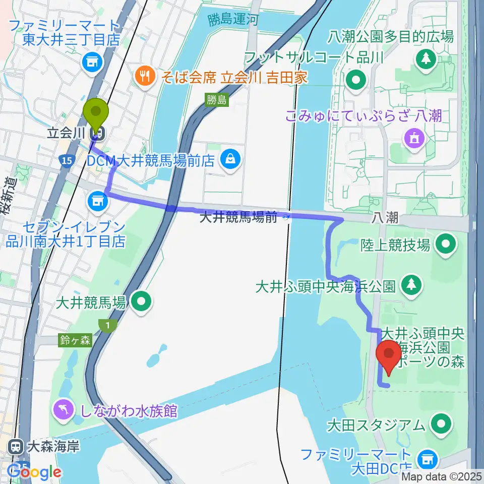 立会川駅から大井ふ頭中央海浜公園野球場へのルートマップ地図