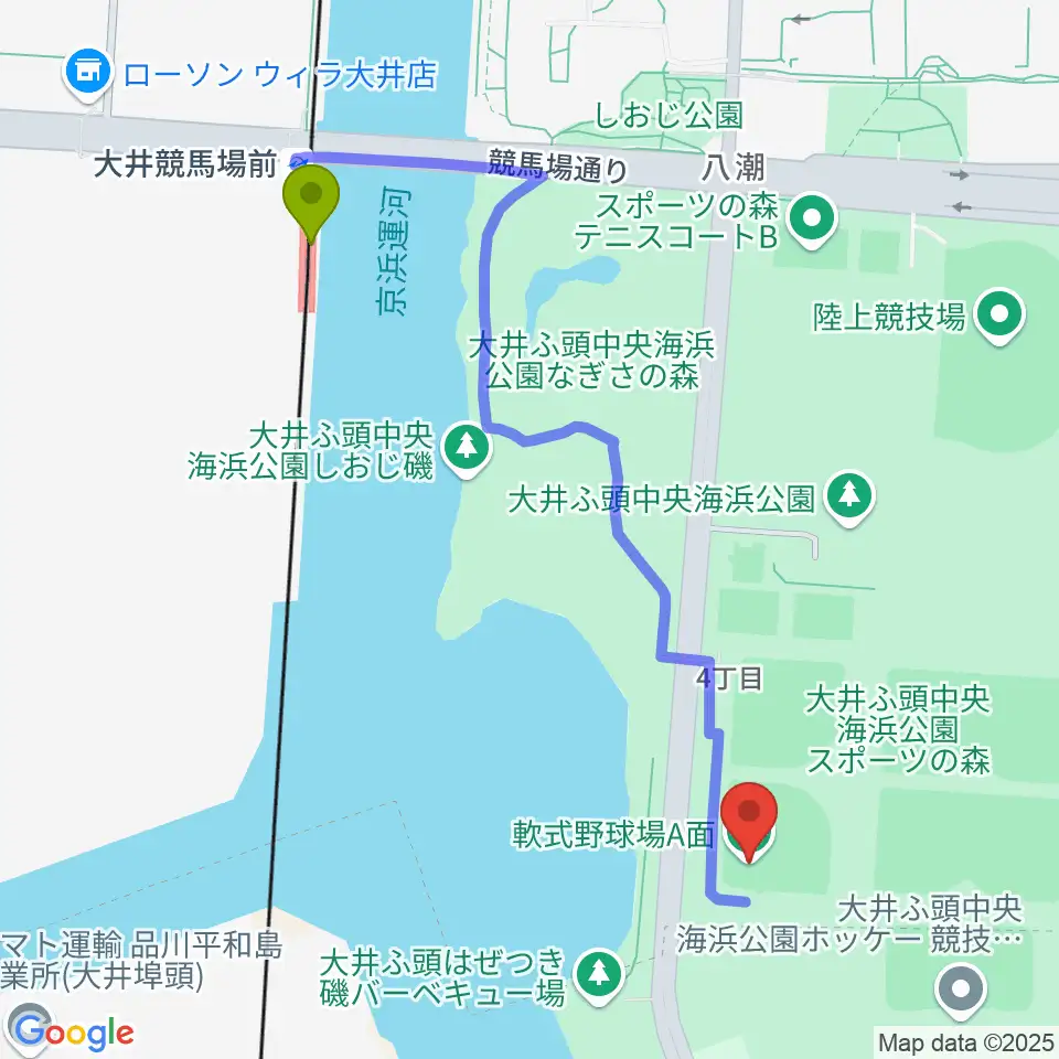 大井ふ頭中央海浜公園野球場の最寄駅大井競馬場前駅からの徒歩ルート（約11分）地図