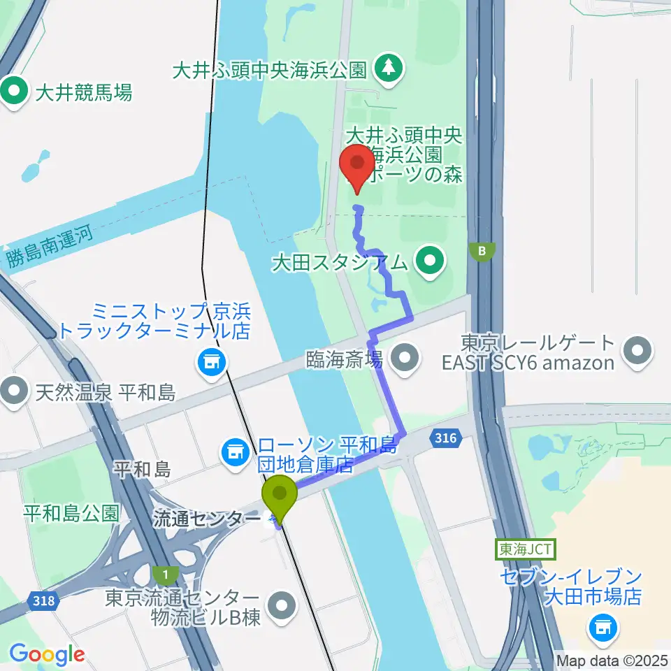 流通センター駅から大井ふ頭中央海浜公園野球場へのルートマップ地図