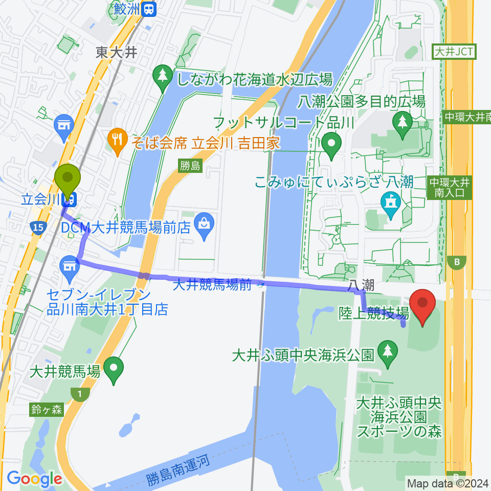 立会川駅から大井ふ頭中央海浜公園陸上競技場へのルートマップ Mdata