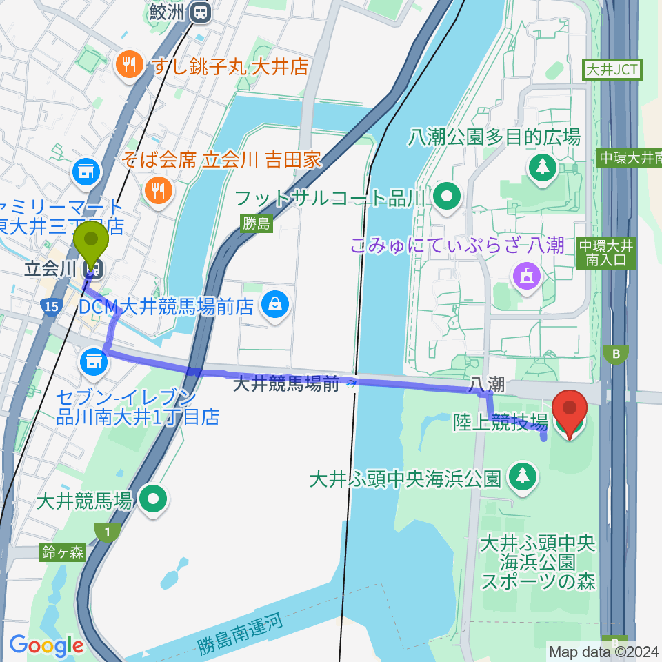 立会川駅から大井ふ頭中央海浜公園陸上競技場へのルートマップ Mdata