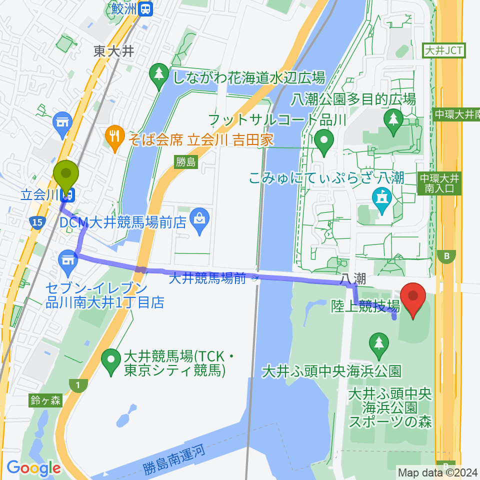 立会川駅から大井ふ頭中央海浜公園陸上競技場へのルートマップ地図