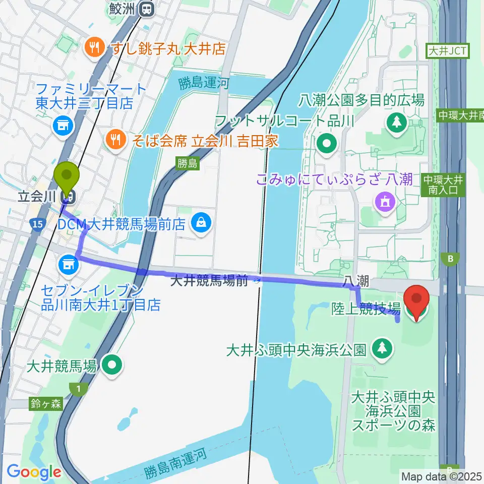 立会川駅から大井ふ頭中央海浜公園陸上競技場へのルートマップ地図