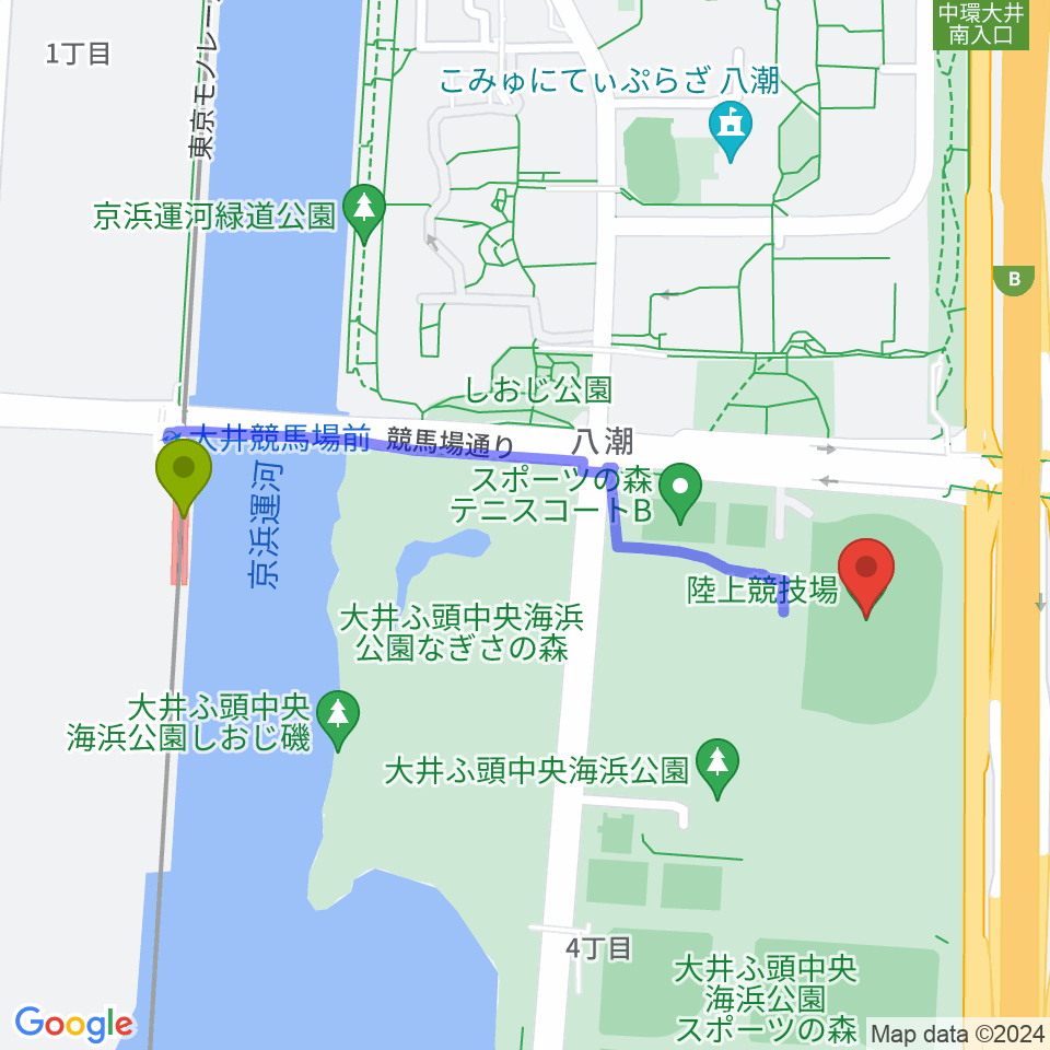 大井ふ頭中央海浜公園陸上競技場の最寄駅大井競馬場前駅からの徒歩ルート（約10分）地図