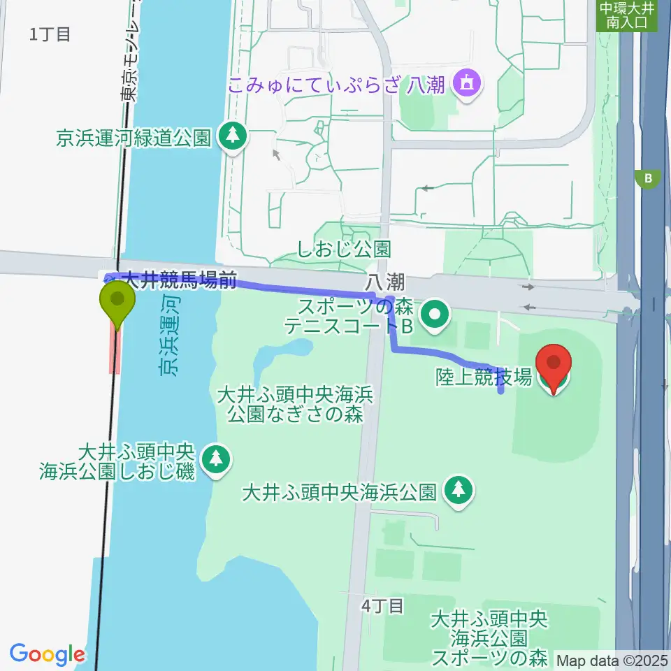 大井ふ頭中央海浜公園陸上競技場の最寄駅大井競馬場前駅からの徒歩ルート（約10分）地図