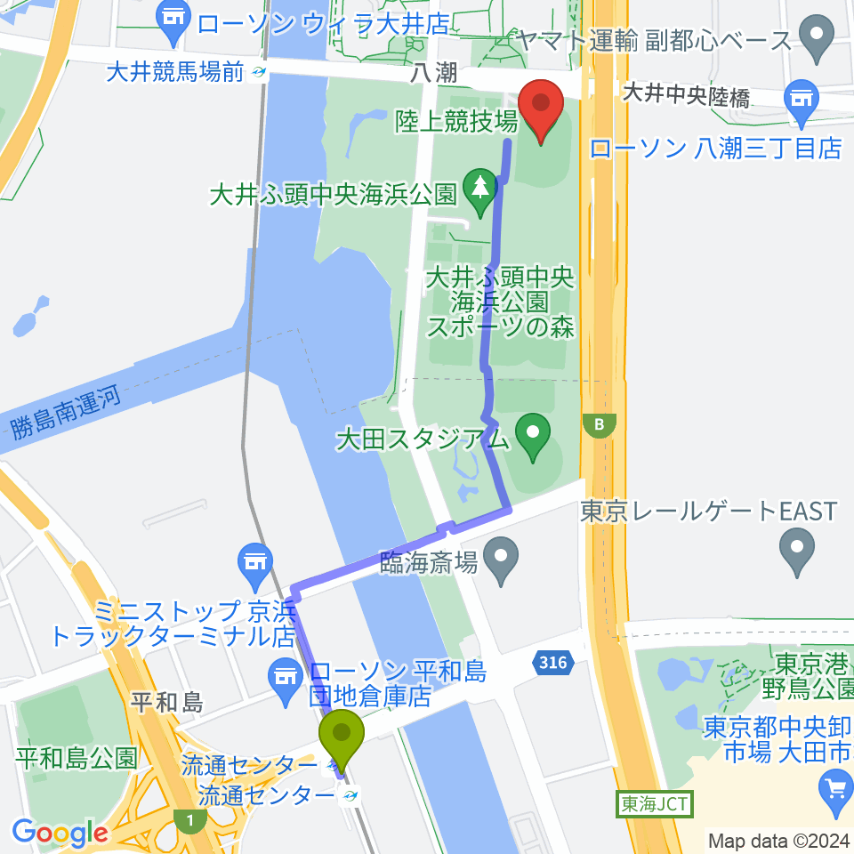 流通センター駅から大井ふ頭中央海浜公園陸上競技場へのルートマップ地図