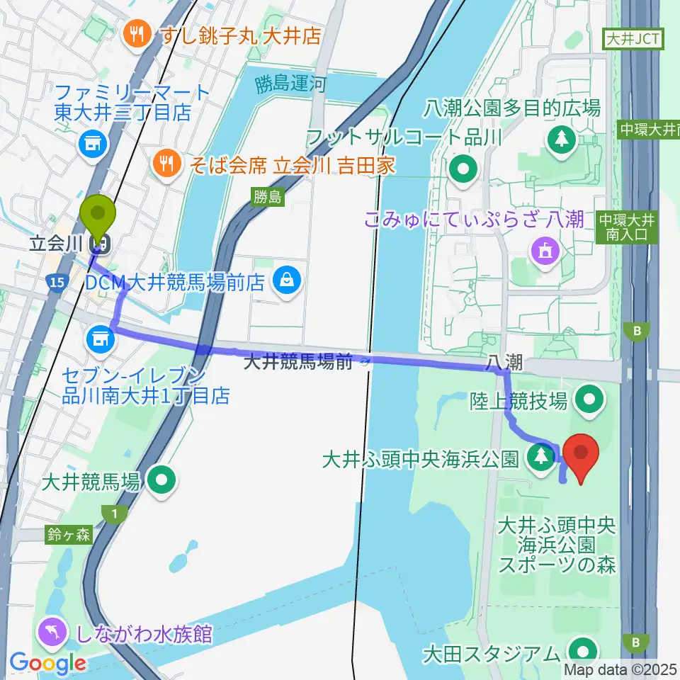 立会川駅から大井ホッケー競技場へのルートマップ地図