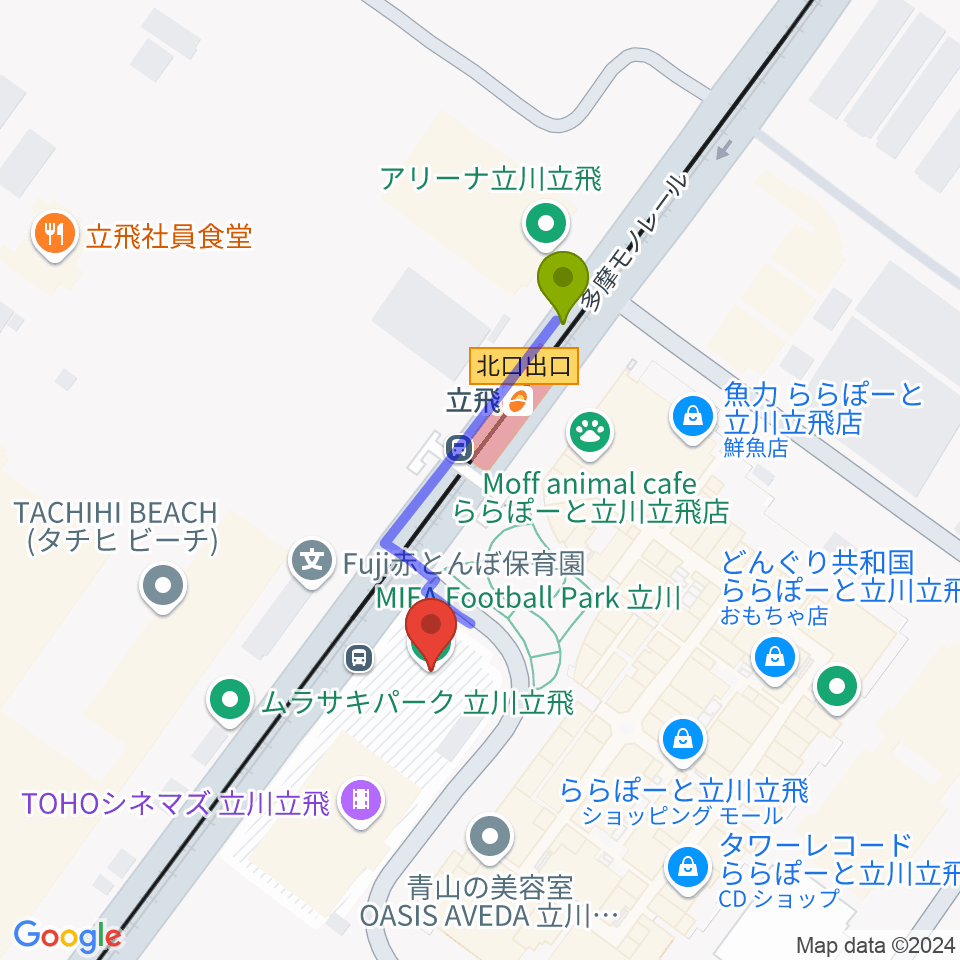 MIFAフットボールパーク立川の最寄駅立飛駅からの徒歩ルート（約3分）地図