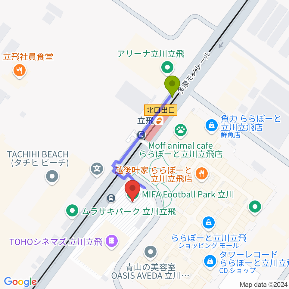 MIFAフットボールパーク立川の最寄駅立飛駅からの徒歩ルート（約3分）地図