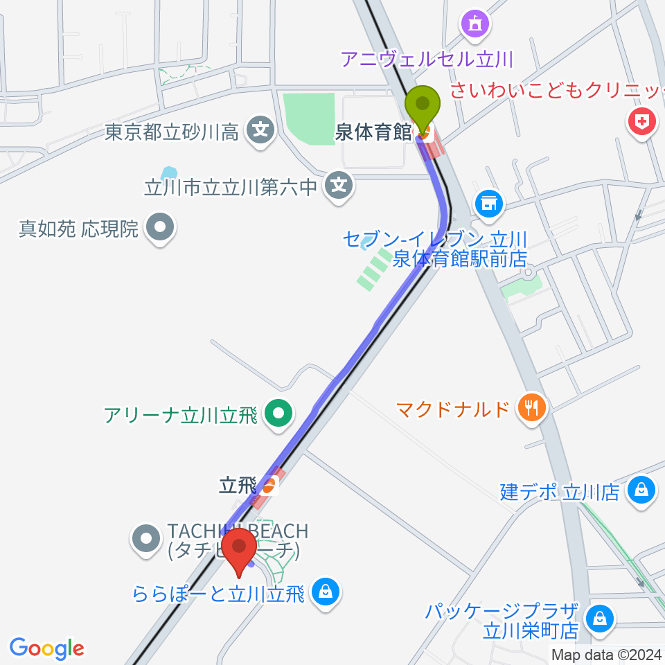 泉体育館駅からMIFAフットボールパーク立川へのルートマップ地図