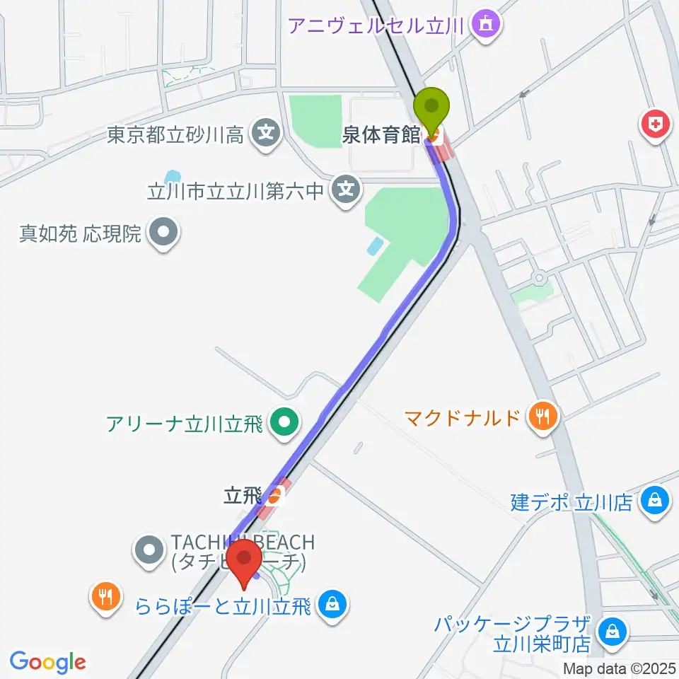 泉体育館駅からMIFAフットボールパーク立川へのルートマップ地図