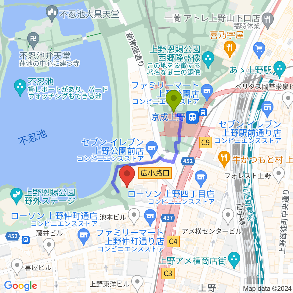 下町風俗資料館の最寄駅京成上野駅からの徒歩ルート（約2分）地図