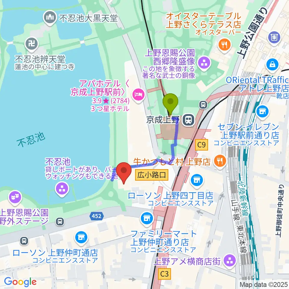 したまちミュージアムの最寄駅京成上野駅からの徒歩ルート（約2分）地図