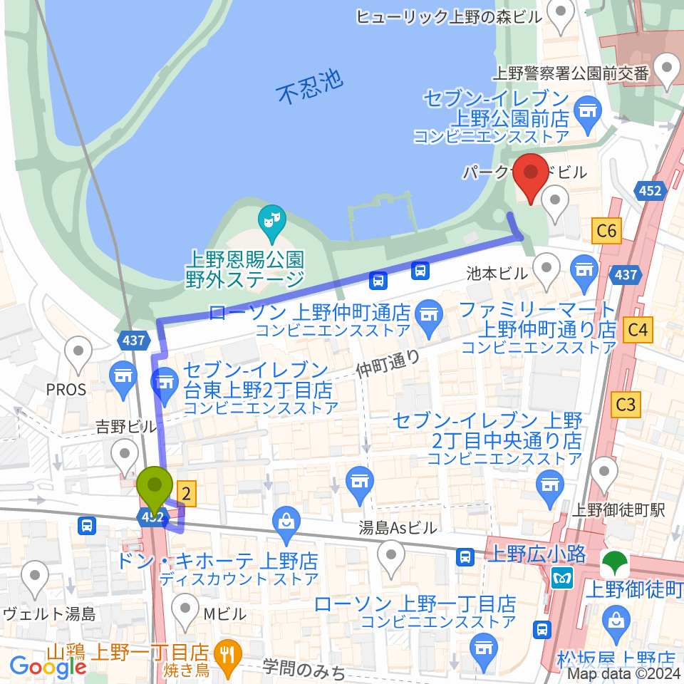 湯島駅から下町風俗資料館へのルートマップ地図
