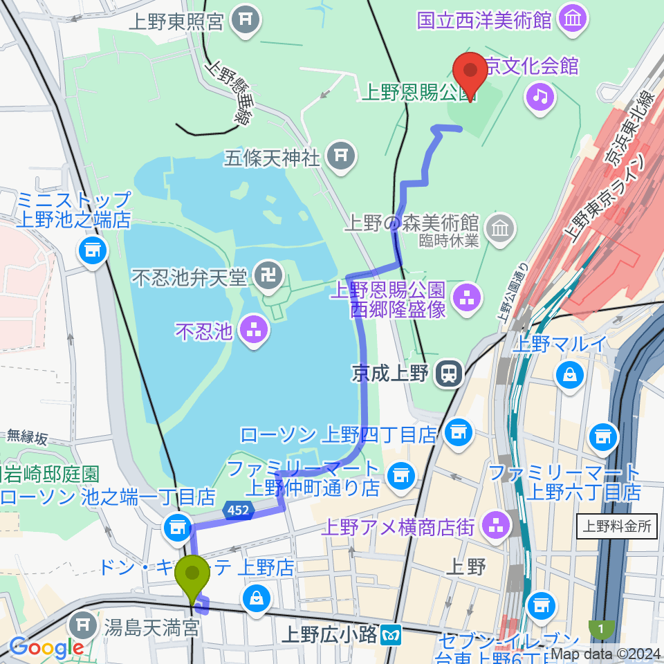 湯島駅から正岡子規記念球場へのルートマップ地図