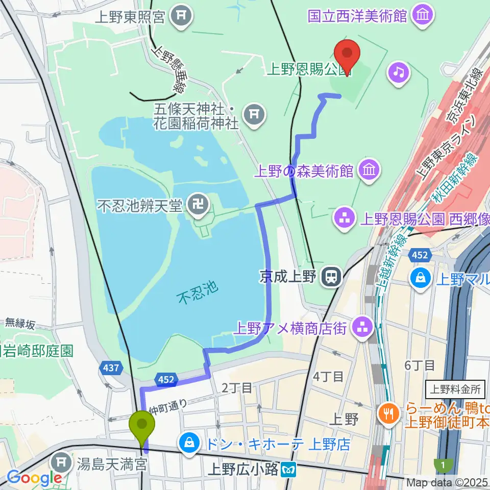 湯島駅から正岡子規記念球場へのルートマップ地図