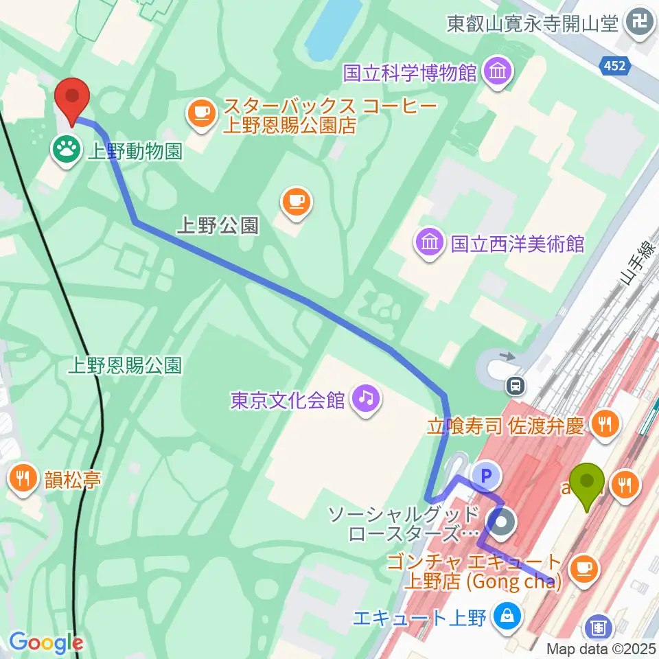 上野動物園の最寄駅上野駅からの徒歩ルート（約8分）地図