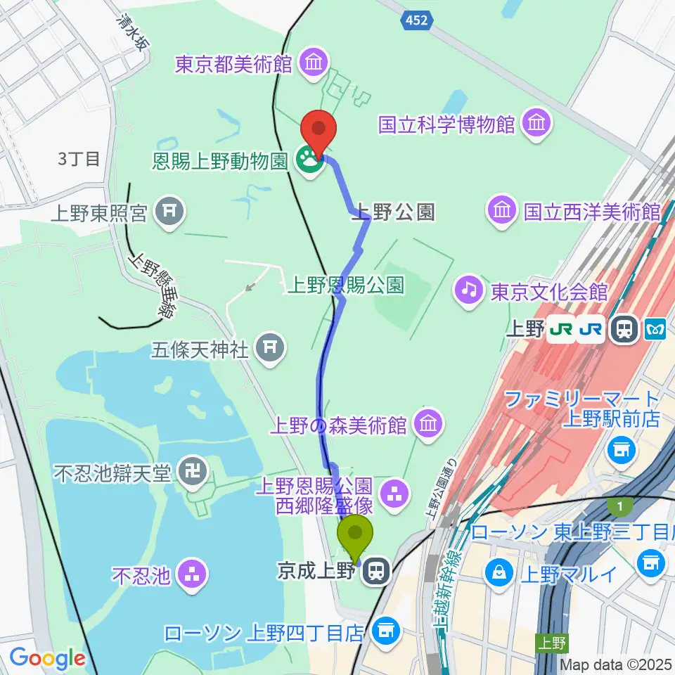 京成上野駅から上野動物園へのルートマップ地図