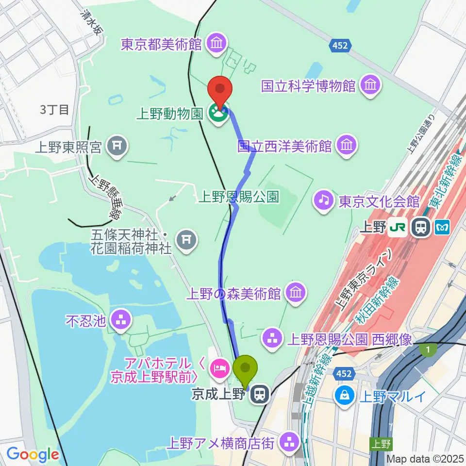 京成上野駅から上野動物園へのルートマップ地図