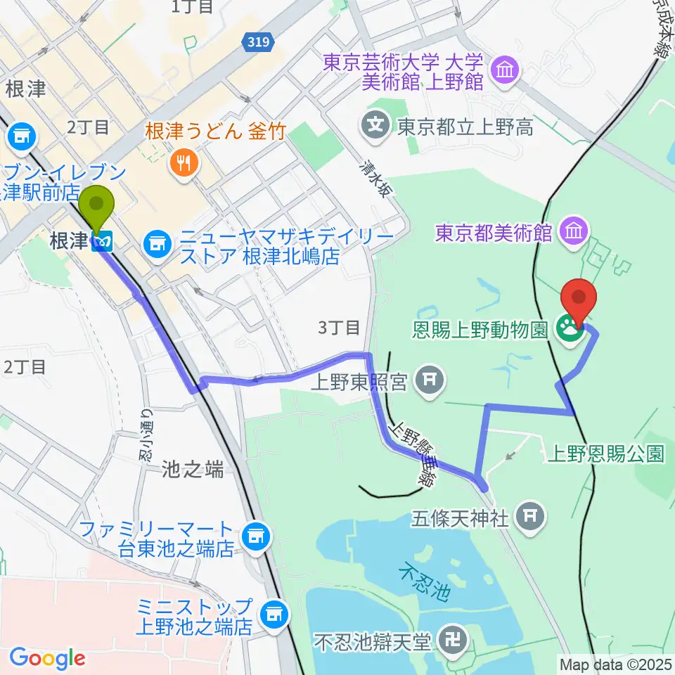 根津駅から上野動物園へのルートマップ地図