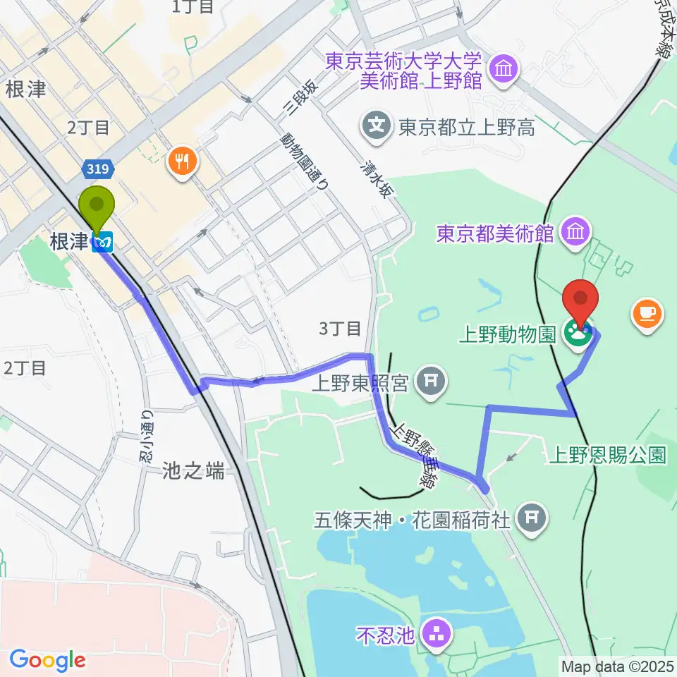 根津駅から上野動物園へのルートマップ地図