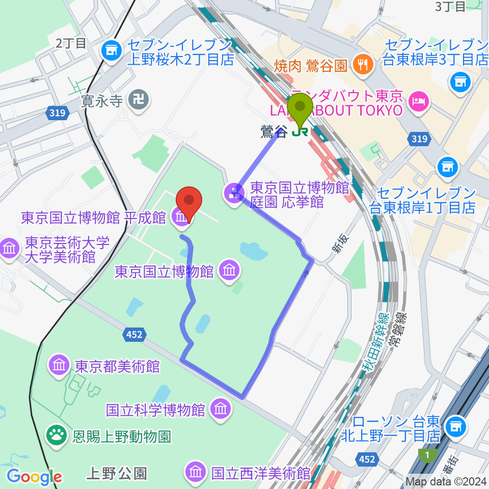 東京国立博物館・平成館の最寄駅鶯谷駅からの徒歩ルート（約5分）地図