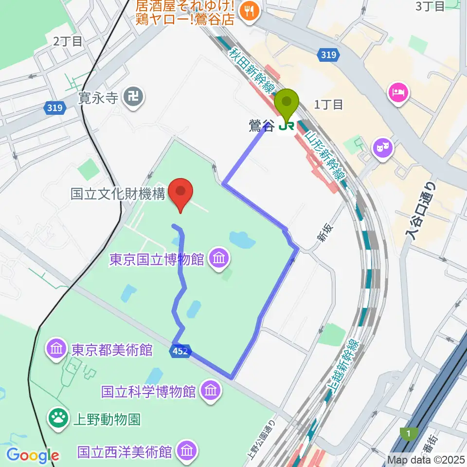 東京国立博物館・平成館の最寄駅鶯谷駅からの徒歩ルート（約5分）地図