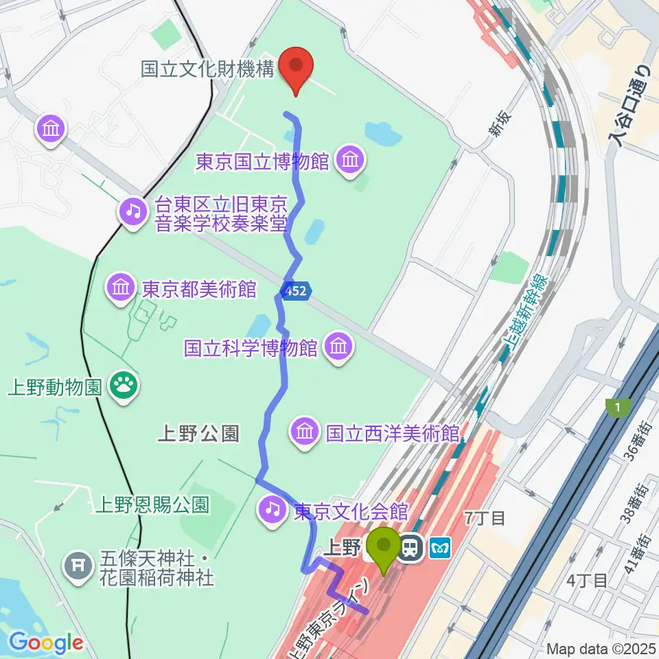上野駅から東京国立博物館・平成館へのルートマップ地図
