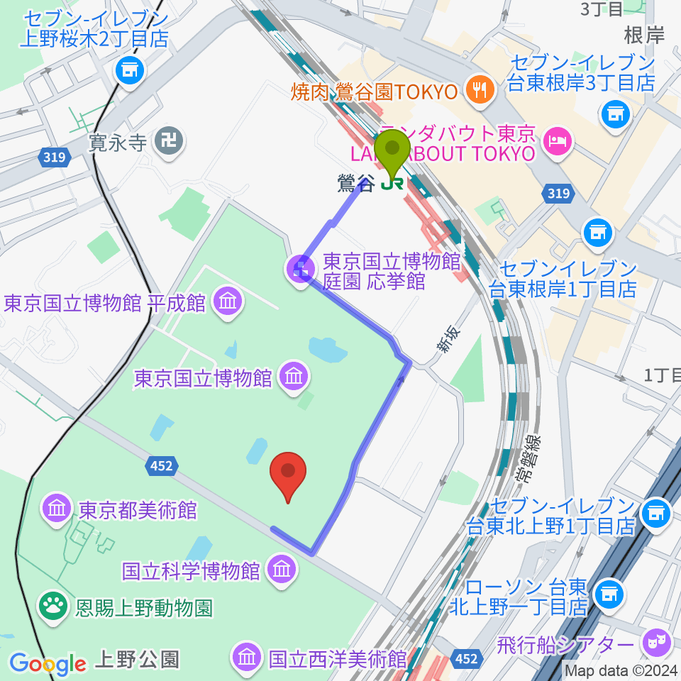 鶯谷駅から東京国立博物館・東洋館へのルートマップ地図