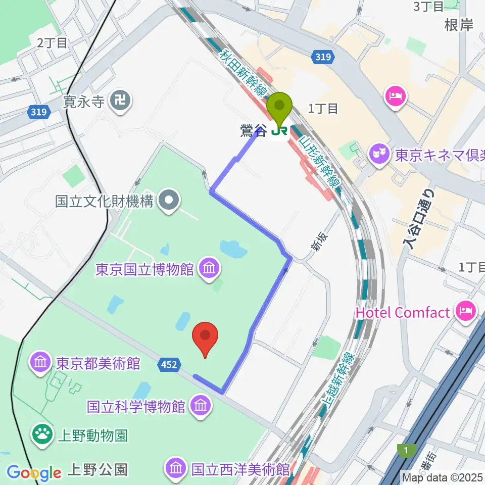 鶯谷駅から東京国立博物館・東洋館へのルートマップ地図