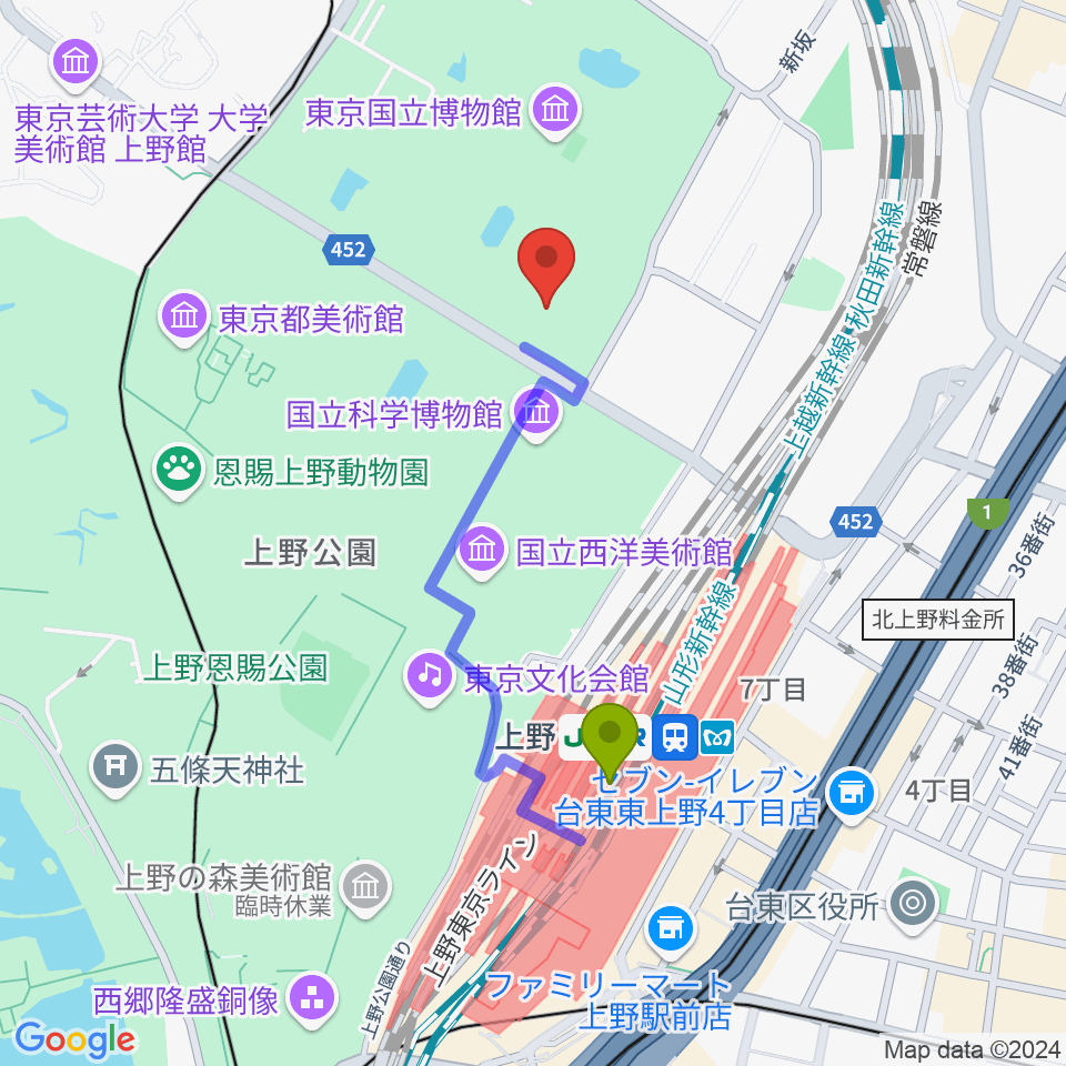 東京国立博物館・東洋館の最寄駅上野駅からの徒歩ルート（約7分）地図