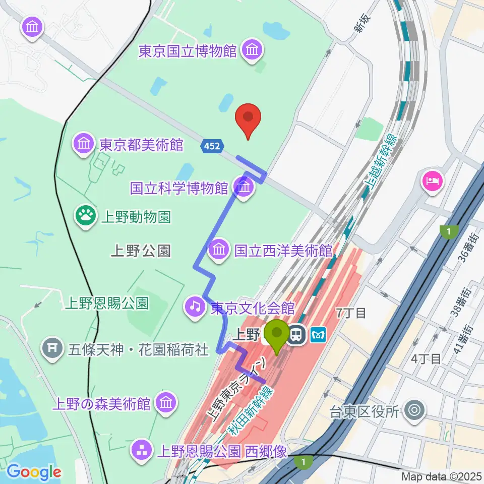 東京国立博物館・東洋館の最寄駅上野駅からの徒歩ルート（約7分）地図