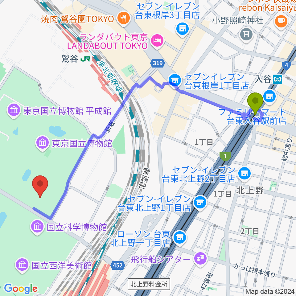 入谷駅から東京国立博物館・東洋館へのルートマップ地図