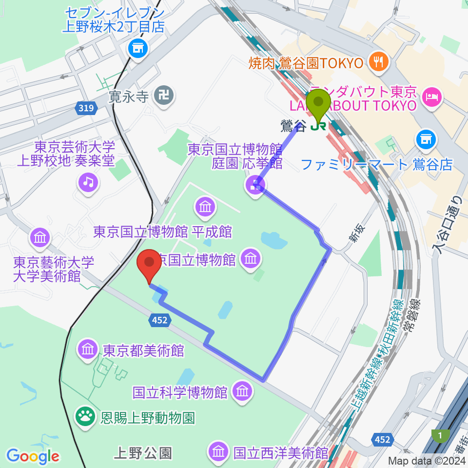 東京国立博物館・法隆寺宝物館の最寄駅鶯谷駅からの徒歩ルート（約8分）地図