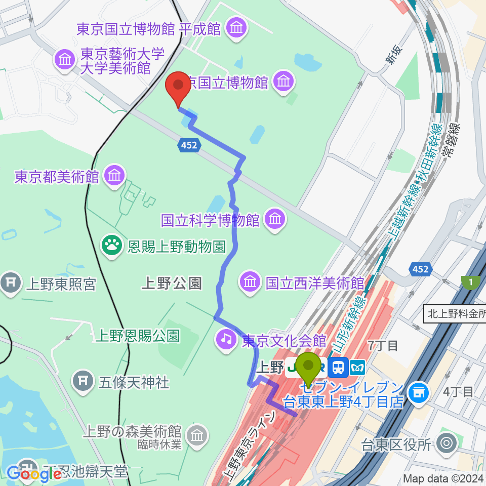 上野駅から東京国立博物館・法隆寺宝物館へのルートマップ地図