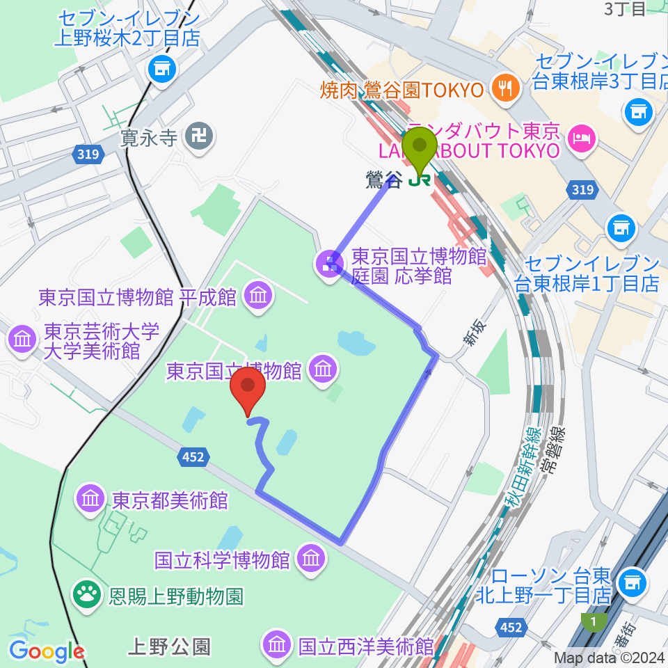 東京国立博物館・表慶館の最寄駅鶯谷駅からの徒歩ルート（約7分）地図