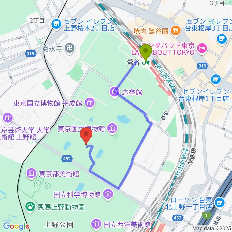 東京国立博物館・表慶館の最寄駅鶯谷駅からの徒歩ルート（約7分）地図