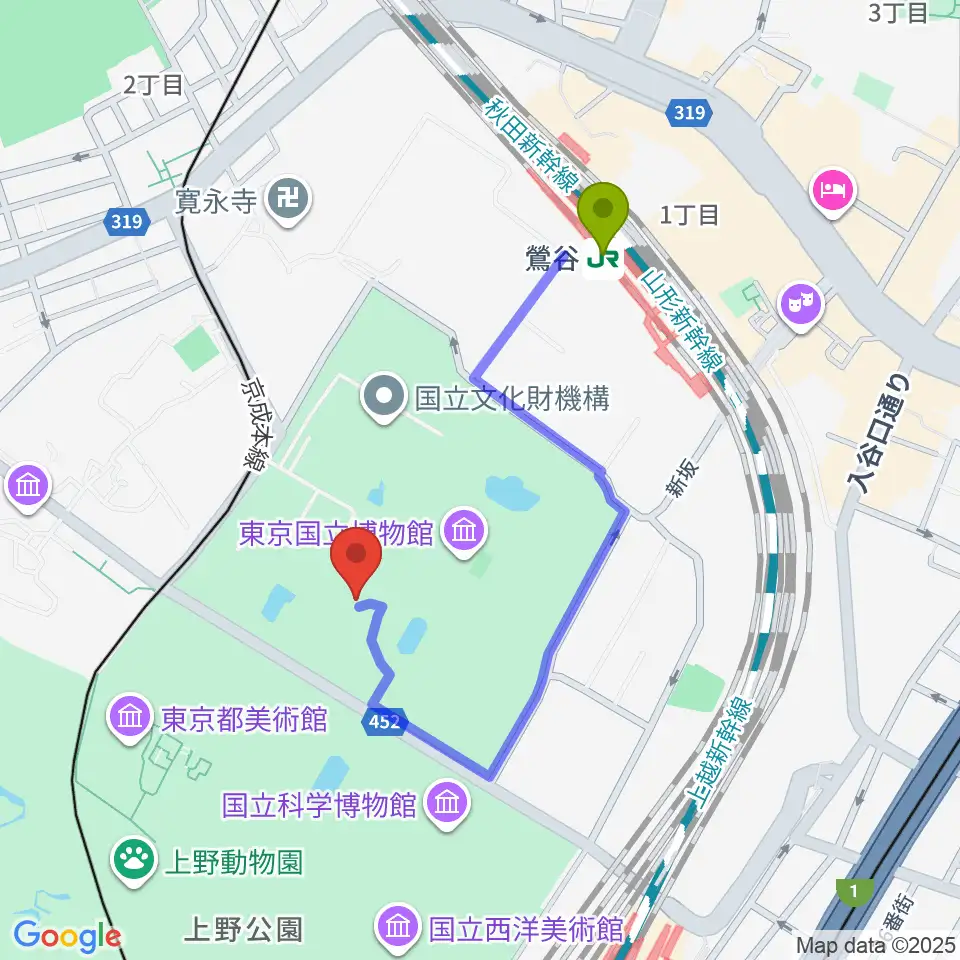 東京国立博物館・表慶館の最寄駅鶯谷駅からの徒歩ルート（約7分）地図