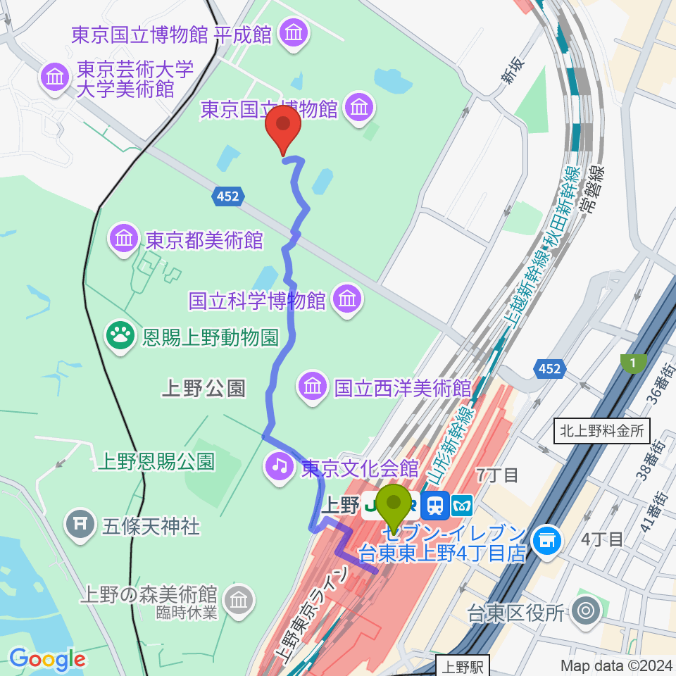 上野駅から東京国立博物館・表慶館へのルートマップ地図