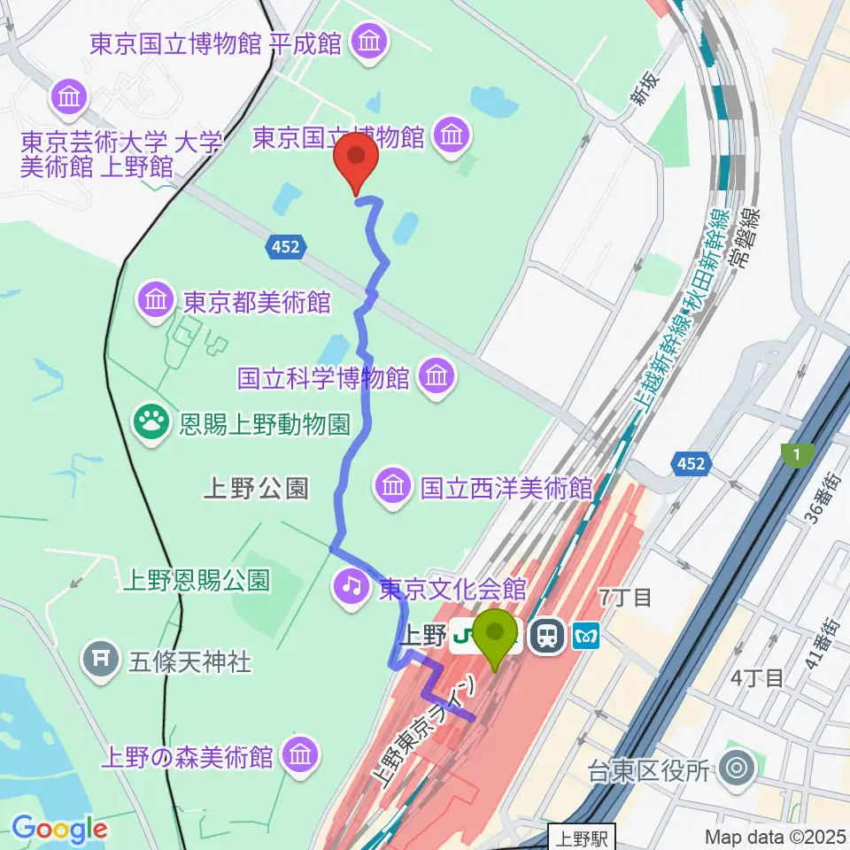 上野駅から東京国立博物館・表慶館へのルートマップ地図