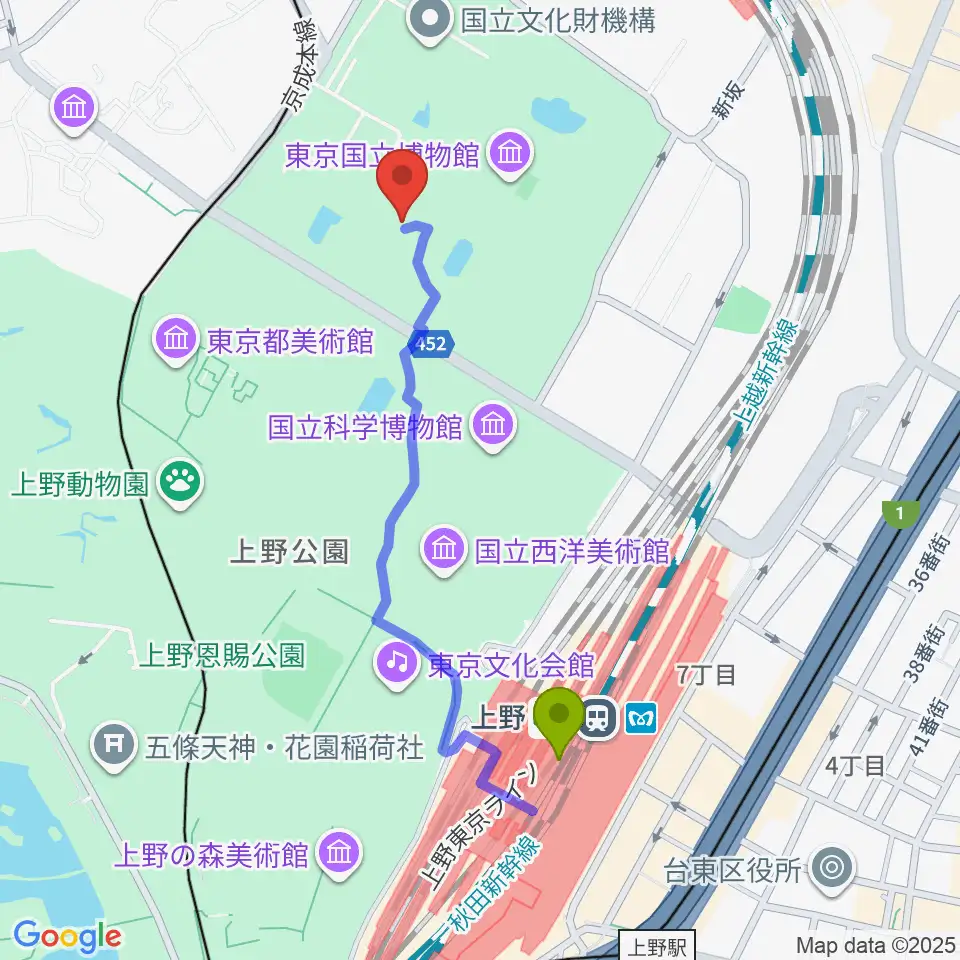 上野駅から東京国立博物館・表慶館へのルートマップ地図