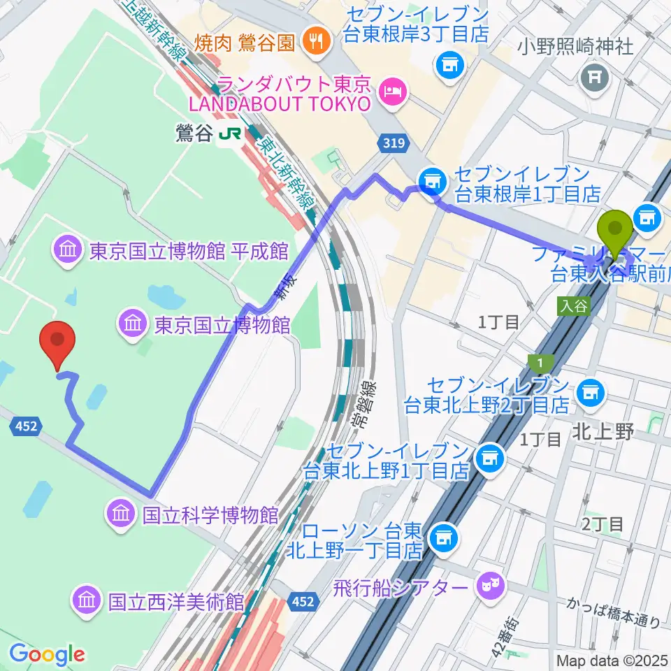 入谷駅から東京国立博物館・表慶館へのルートマップ地図