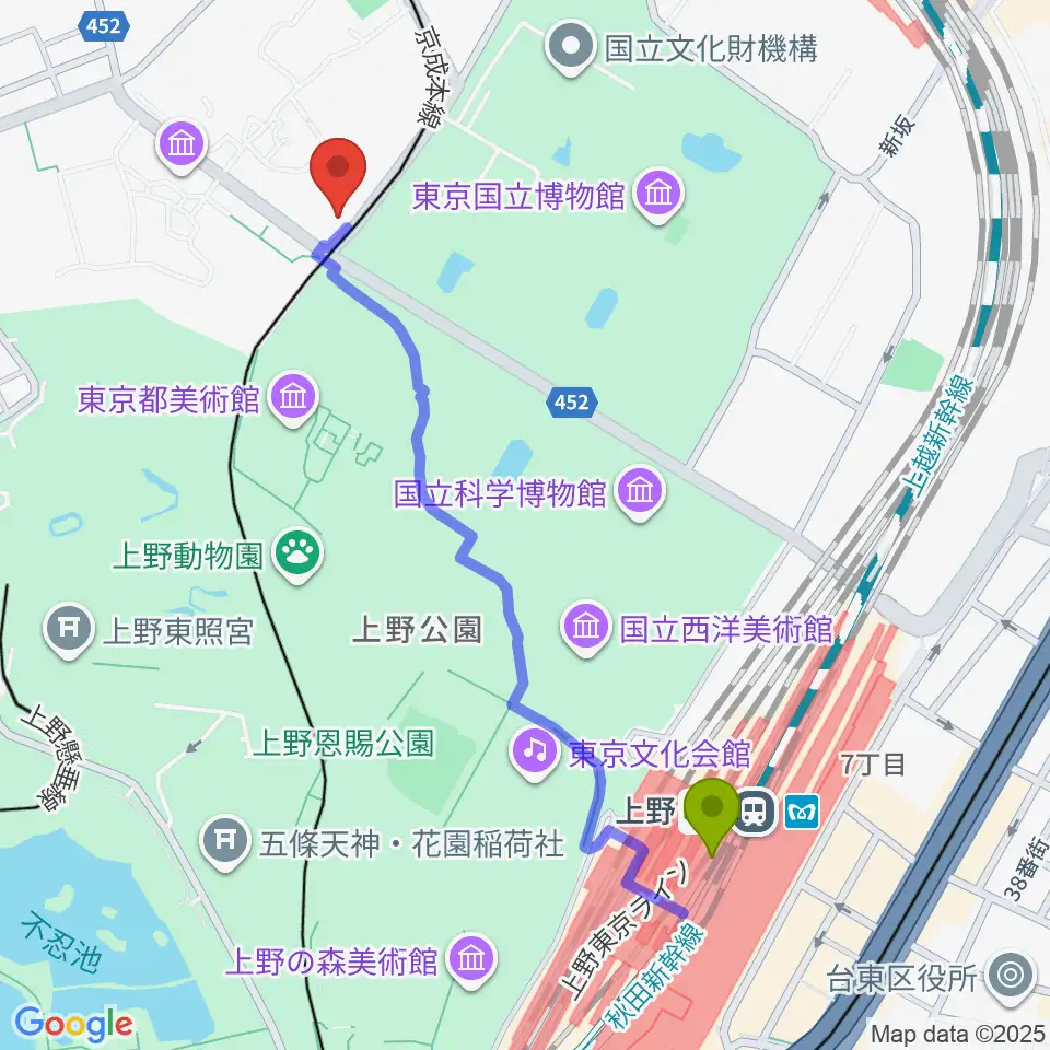 上野駅から黒田記念館へのルートマップ地図