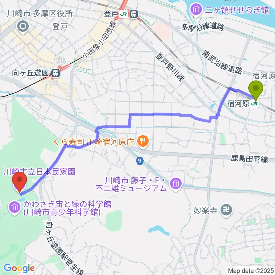 宿河原駅から川崎市立日本民家園へのルートマップ地図